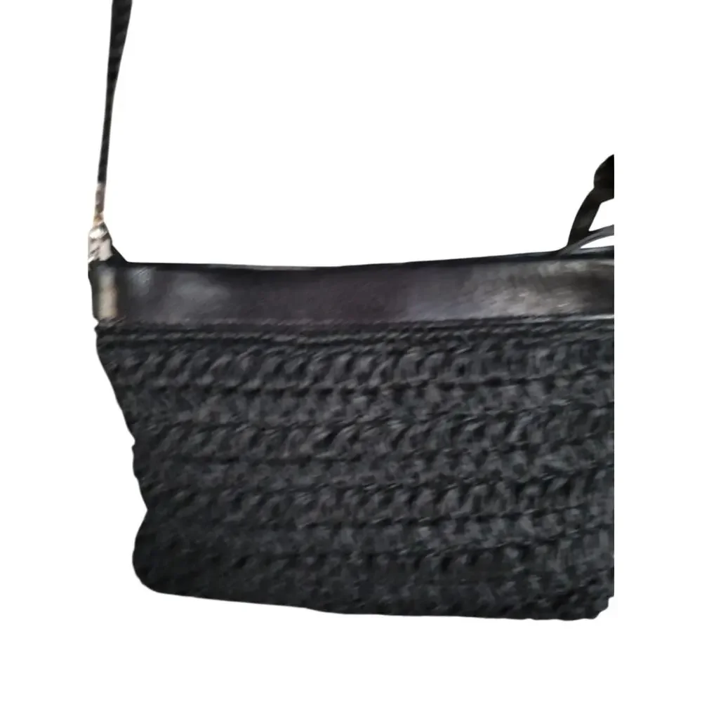 4752)Brighton Black Woven Raffia Rectangular Leather Trim  Crossbody Purse